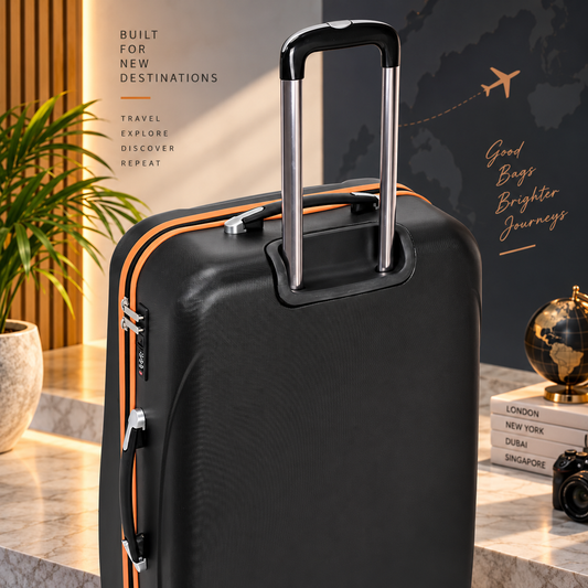 Roaming Wheels Premium Hard Shell Trolley Bag with 8 Wheels, Expandable Travel Luggage Suitcase with Combination Lock – Black & Orange