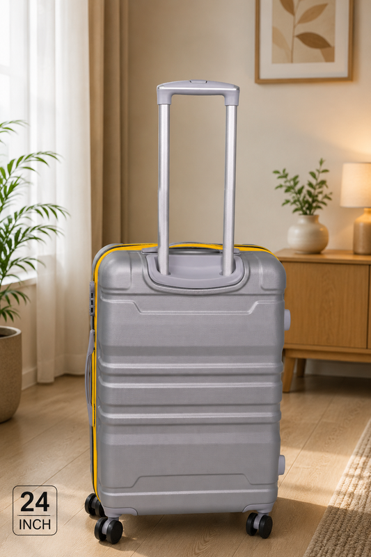 Roamx 24 Inch Silver Trolley Bag | Hard Shell Suitcase | 8 Wheel Spinner Luggage