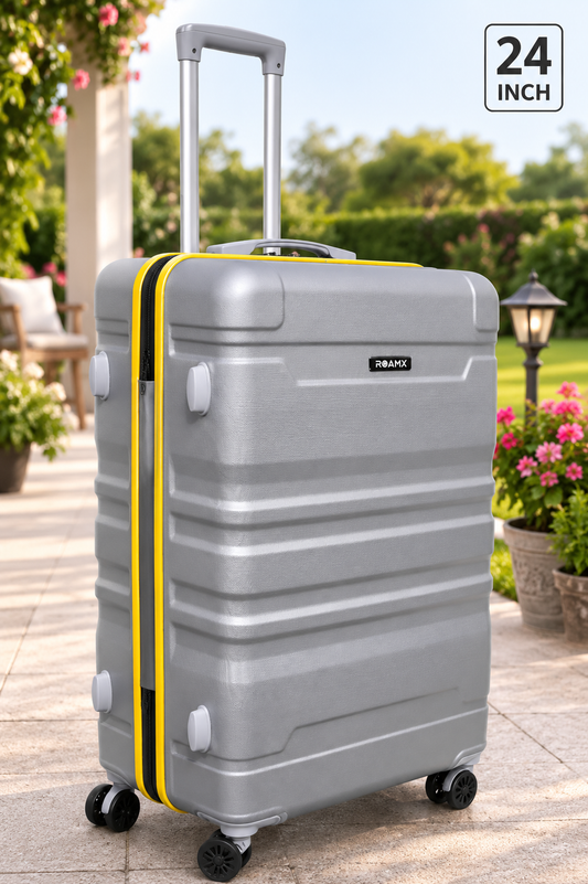 Roamx 24 Inch Silver Trolley Bag | Hard Shell Suitcase | 8 Wheel Spinner Luggage