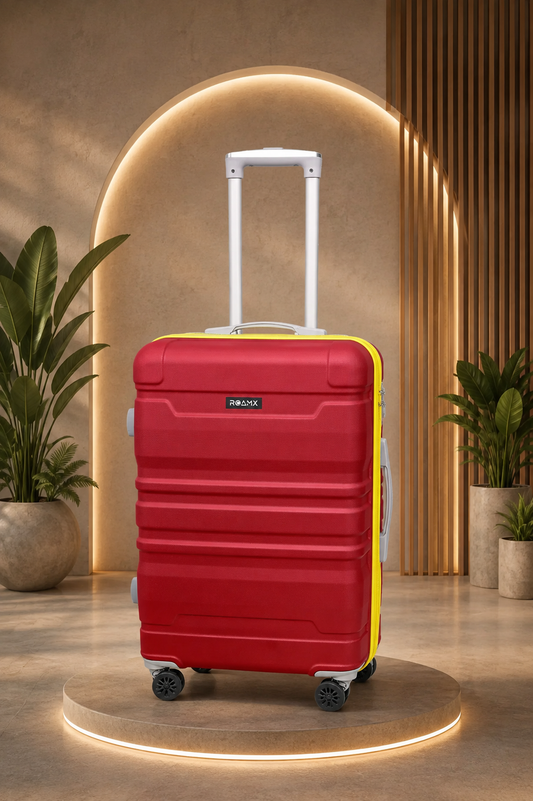 Roamx 24 Inch Maroon Trolley Bag 66 CM, Hard Shell Luggage Suitcase with 8 Wheels