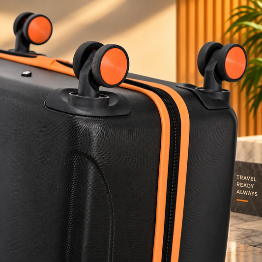 Roaming Wheels Premium Hard Shell Trolley Bag with 8 Wheels, Expandable Travel Luggage Suitcase with Combination Lock – Black & Orange