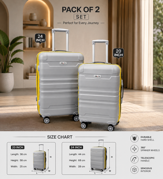 Roamx Pack of 2 Silver Trolley Bag Set, 20 & 24 Inch Hard Shell Luggage Suitcase with 8 Wheels