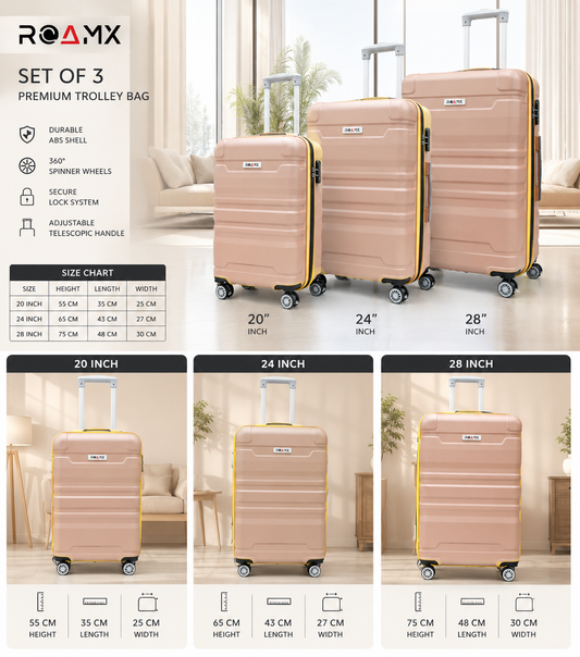ROAMX Rose Gold Trolley Bag Combo of 3 – 8 Wheels, 360° Spinner Luggage Set